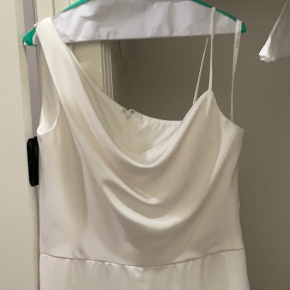 Hayley Paige Occasions Cream Ruched Asymmetrical Gown
